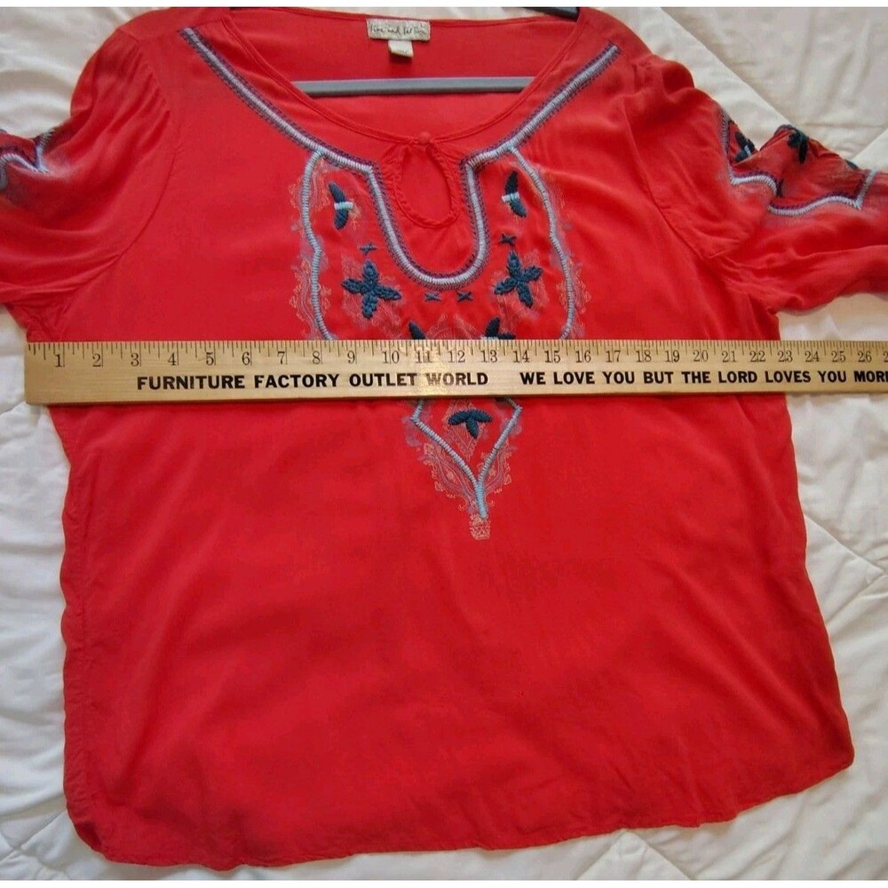 Live And Let Live Embroidered Boho Peasant Blouse Orange Red Size L - Picture 6 of 16